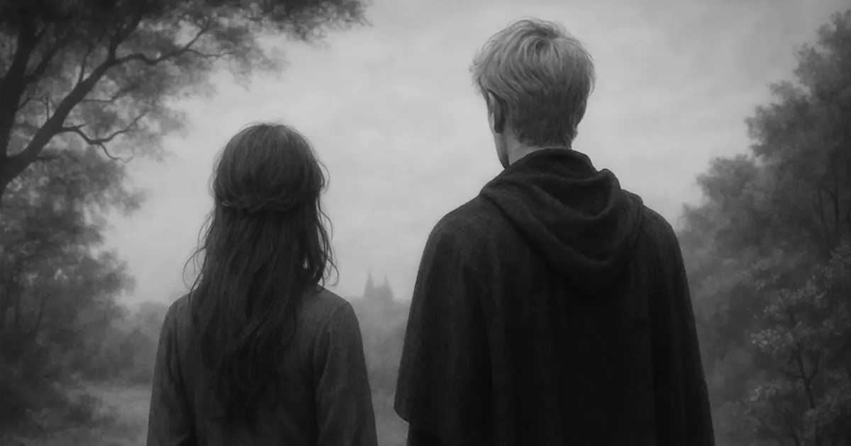 AI-generated scene of two figures in a misty forest
