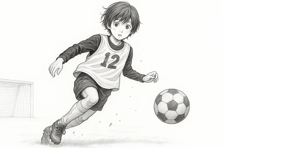 Pencil sketch of a young soccer player mid-kick