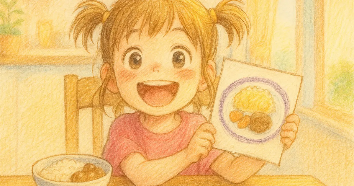 Smiling girl shows her food drawing at the table