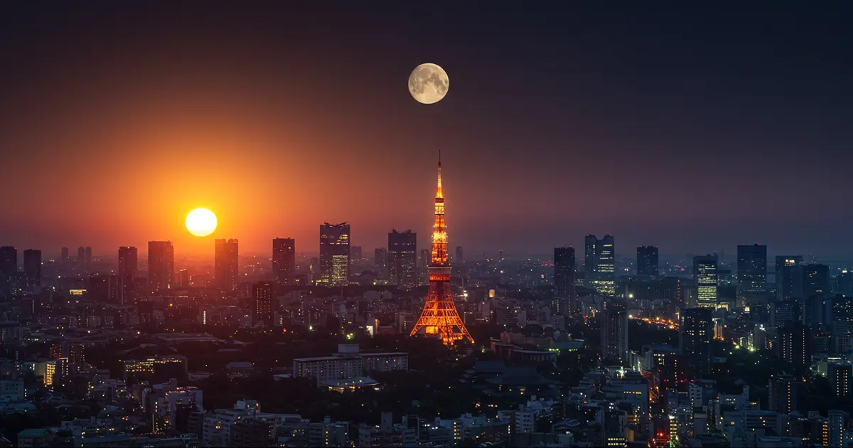 都会の暗闇を照らす幻想的な月と太陽