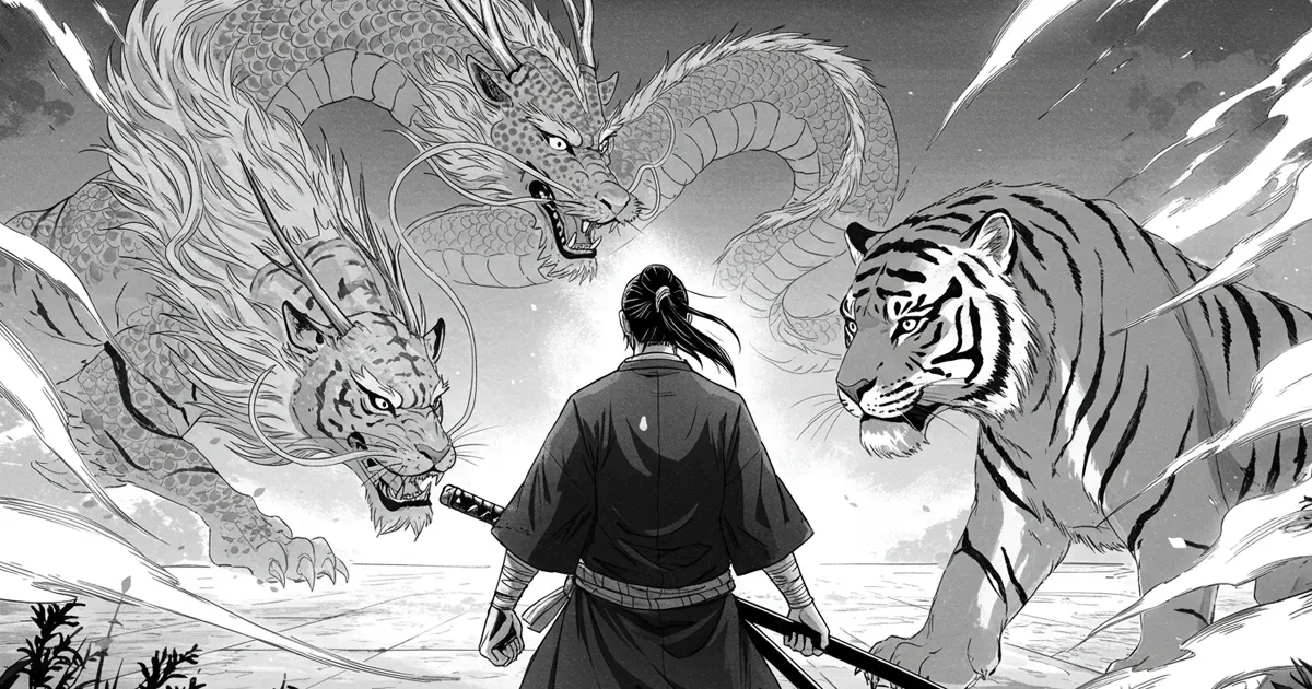 怪獣の前で構える武士
